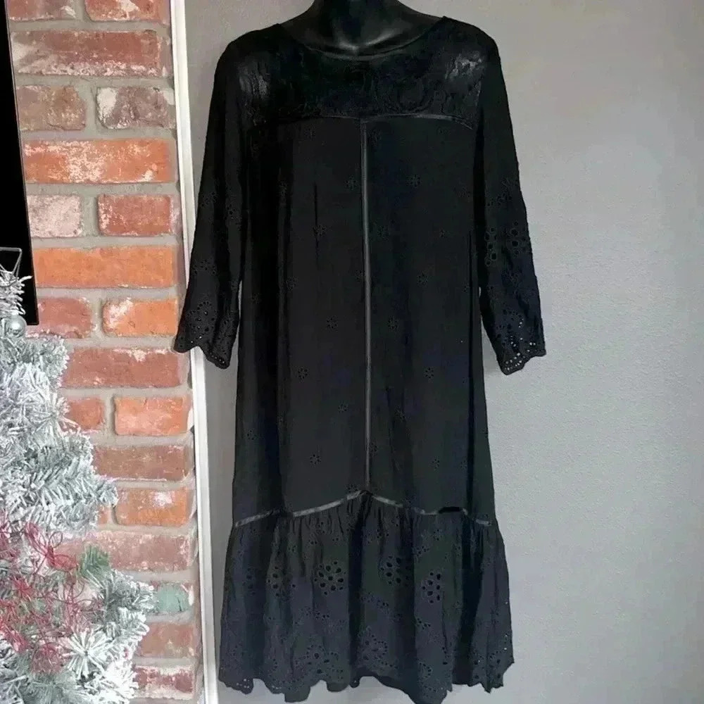 Sundance Nadine Drop Waist Lace Eyelet Midi Shift Dress Black Sz M